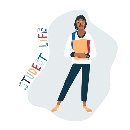 Student queer with books. Cute flat character.Teen queer isolated on white background with lettering. Lovely design for educational websiteのイラスト素材