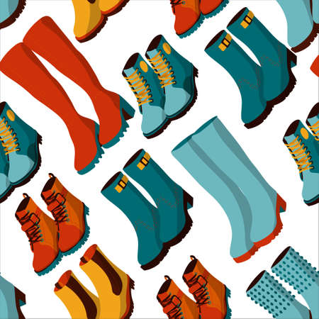 Autumn colorful boots and shoes vector pattern