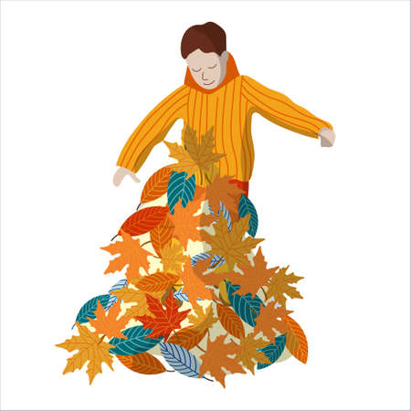 Illustration of boy with autumn leaves pileのイラスト素材