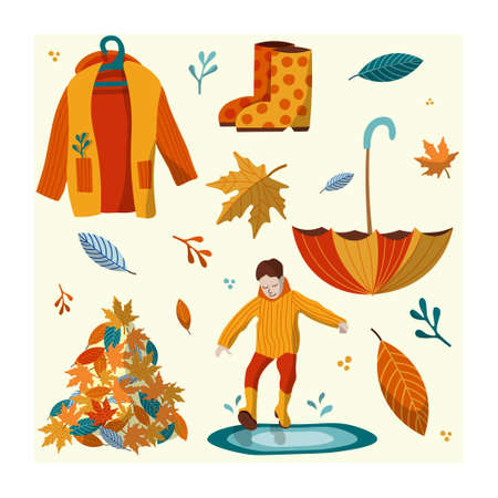 Autumn colorful coat and umbrella vector setのイラスト素材
