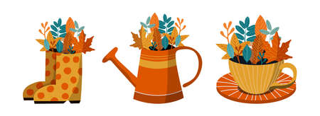 Gumboots, can and cup with autumn leavesのイラスト素材