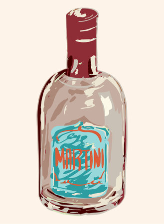 Hand-drawn alcohol glass bottle of martini. Perfect for cocktail-themed designs. Ideal for bar menus, poster, drink recipe cards, or cocktail-related, packaging solutionのイラスト素材