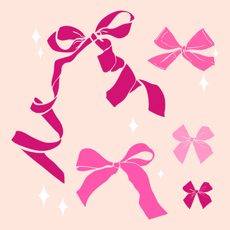A charming collection of delicate pink ribbon bows in a coquette aesthetic. Perfect for adding a touch of elegance to fashion, beauty, and romantic designs.のイラスト素材