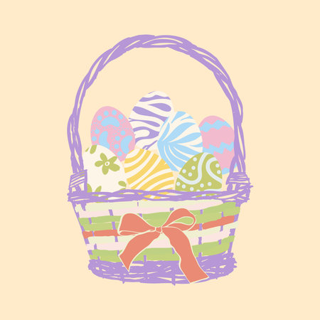 A purple wicker basket filled with patterned pastel eggs and a soft orange bow. Perfect for Easter-themed designs, cards, and spring decorations.のイラスト素材