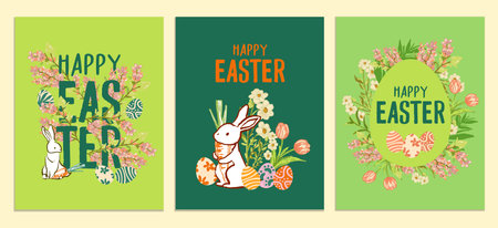A set of three illustrated Easter greeting cards featuring a bunny, floral elements, and decorative eggs in vibrant spring colors. Perfect for Easter celebrations, digital downloadのイラスト素材