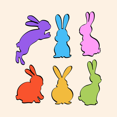 A vibrant set of bunny silhouettes in bold colors with black outlines, perfect for Easter and festive designs. Ideal for decorations, prints, and playful illustrations.のイラスト素材