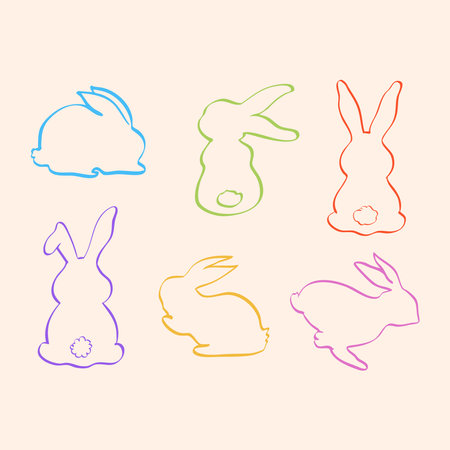 A charming collection of minimalistic rabbit line art in pastel tones, perfect for Easter, spring, and decorative projects. The hand-drawn style adds a whimsical and nostalgic.のイラスト素材