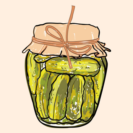 A charming hand-drawn illustration of a jar filled with pickles, sealed with a fabric cover and tied with a string.のイラスト素材