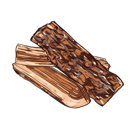 Vintage hand-drawn illustration of stacked firewood logs. Ideal for lumberjack themes, camping designs, fireplace graphics, rustic packaging, and outdoor or homestead-style visualsのイラスト素材