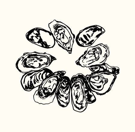 Detailed black and white oyster shell in vintage hand-drawn style. Perfect for seafood designs, menus, packaging, coastal decor, and culinary illustration projects.のイラスト素材