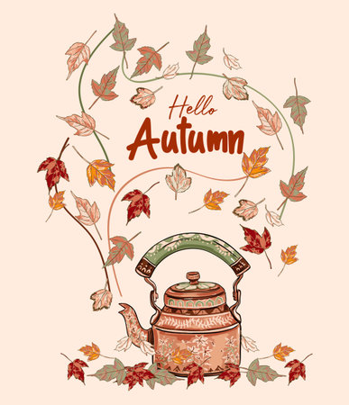 Warm and inviting Hello Autumn poster featuring a charming tea kettle surrounded by maple leaves. Ideal for seasonal kitchen decor, greeting cards, invitations, branding.のイラスト素材