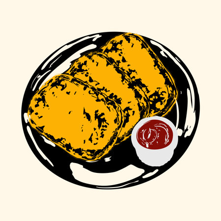 Crispy golden hash browns with ketchup, delicious fried potato snack illustration for food projects.のイラスト素材