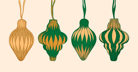 Stylish green and gold paper ornaments illustration set with an elegant vintage feel.のイラスト素材