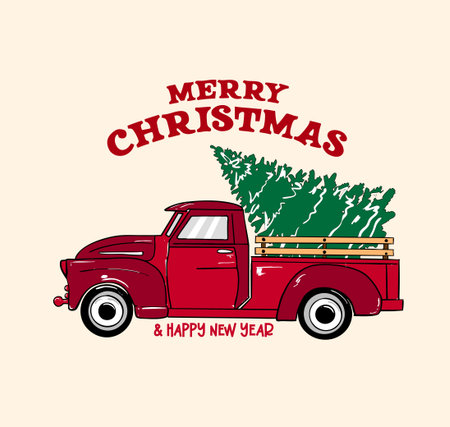 Retro red pickup truck with a Christmas tree and âMerry Christmas & Happy New Yearâ typography.のイラスト素材