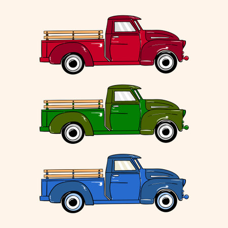 A charming set of vintage trucks in a classic retro style. Ideal for automotive illustrations, rustic designs, posters, branding, and nostalgic countryside artwork.のイラスト素材