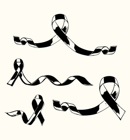 Vintage black ribbon set symbolizing mourning, remembrance, and support.のイラスト素材