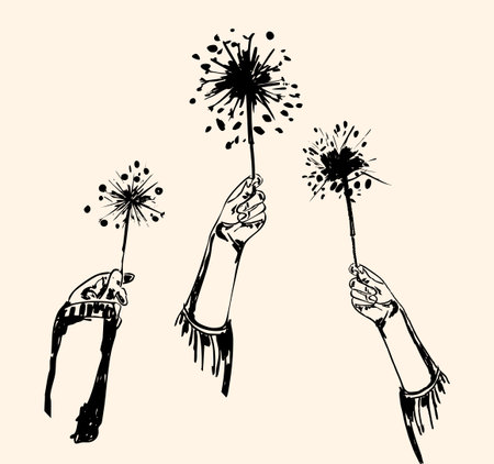 Vintage hand holding Bengal fire sparkler set with glowing festive accents.のイラスト素材