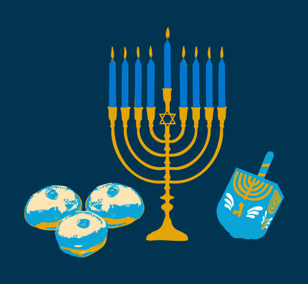Vintage illustration of a lit menorah, classic dreidel, and festive sufganiyot.のイラスト素材