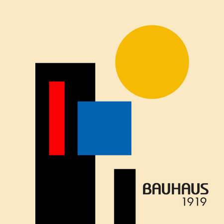 A colorful Bauhaus poster illustration with bold geometric shapes and modern abstract design.