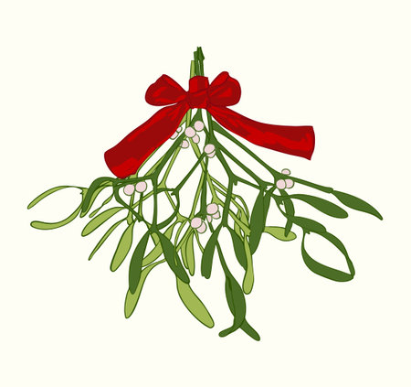 A vintage-style mistletoe illustration with white berries and a bold red bow.のイラスト素材
