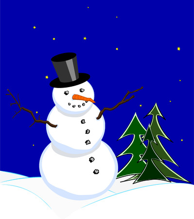 Snowman with stovepipe hat in winter night under starlit skyのイラスト素材
