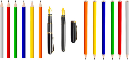 Antique fountain pen and a collection of colorfull crayonsのイラスト素材
