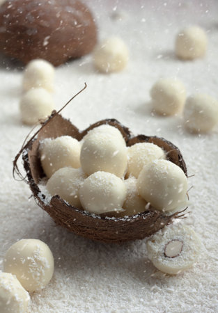 Homemade Raffaello balls, served in coconut shell over table covered with desiccated coconut, coconut snow, close up, winter food conceptの写真素材