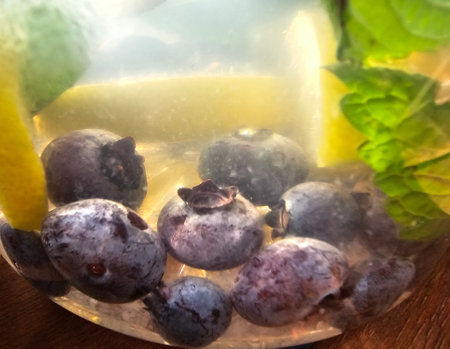 Refreshing summer drink with blueberries, lemon, mint and ice cubesの写真素材