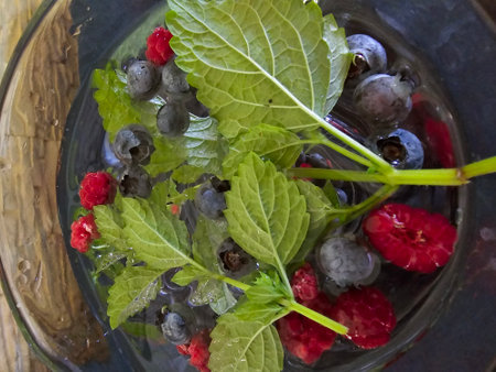 Raspberry and blueberry in a bowl of ice with mint leavesの写真素材