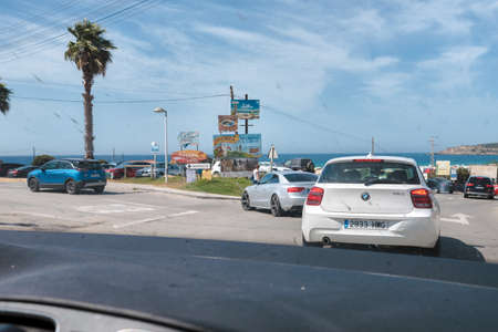TARIFA, SPAIN; AUGUST 28, 2020: Trip to Playa de Bolonia, CÃ¡diz, Spain. Arriving at the beach and parking the carのeditorial素材