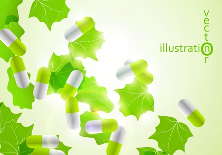 Medical pill capsules on colorful environment leaf background eps10のイラスト素材