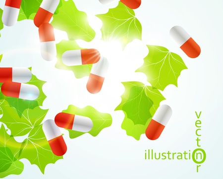 Medical pill capsules on colorful environment leaf background eps10のイラスト素材