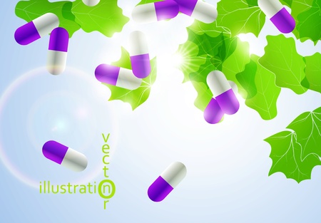 Medical pill capsules on colorful environment leaf background eps10のイラスト素材