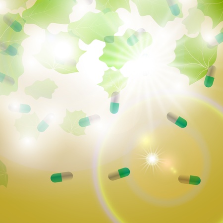 Medical pill capsules on colorful environment leaf backgroundの写真素材