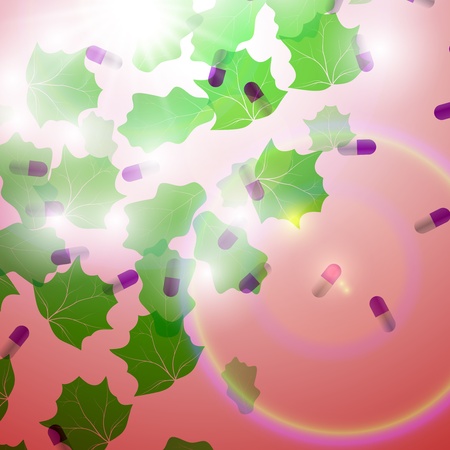 Medical pill capsules on colorful environment leaf backgroundの写真素材