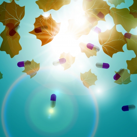 Medical pill capsules on colorful environment leaf backgroundのイラスト素材