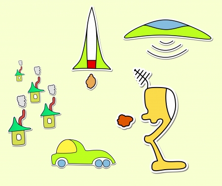 Design elements, badge advertise sticker, toy icons  robot, rocket, ufo, car の写真素材