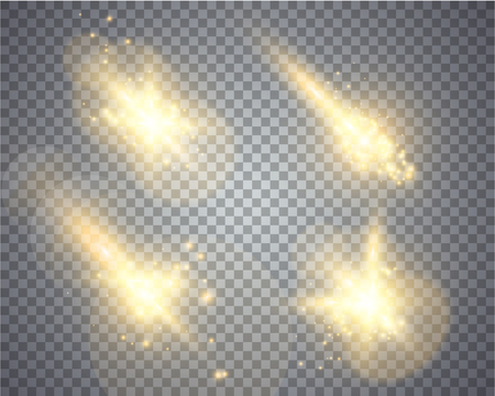 Set of golden glowing lights effects isolated on transparent background, abstract magic Illustrationのイラスト素材