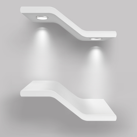 Exhibition shelves with light sources. Illustration isolated on gray background. Graphic concept for your designの写真素材