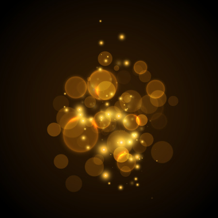 Golden glowing lights effects on black background, abstract magic Illustration. Graphic concept for your designの写真素材
