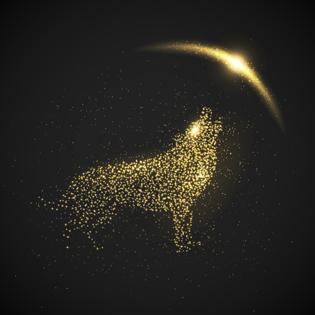 Howling wolf. Gold glitter particles and lights effect on black background. Graphic concept for your designのイラスト素材