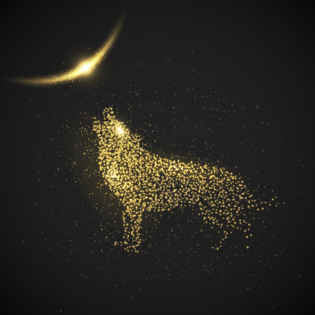 Howling wolf. Gold glitter particles and lights effect on black background. Graphic concept for your designのイラスト素材