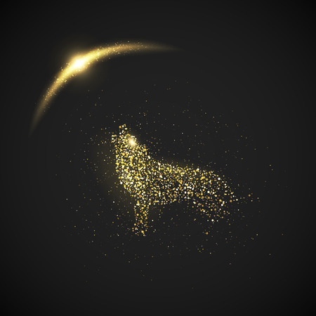 Howling wolf. Gold glitter particles and lights effect on black background. Graphic concept for your designのイラスト素材