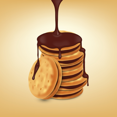Sandwich-cookies with chocolate filling and pouring melted chocolate. Graphic concept for your design.のイラスト素材