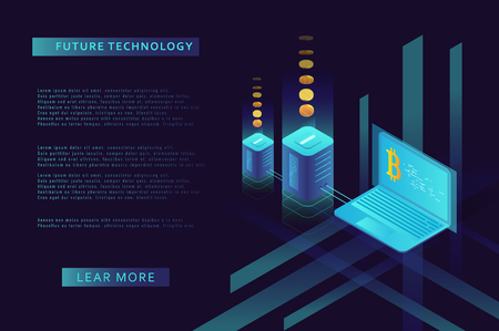Cryptocurrency and blockchain illustration. Bitcoin mining farm. Artificial intelligence and machine learning. Concept for landing page for creating digital currency.のイラスト素材