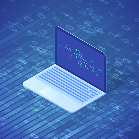 Isometric computer illustration. Software development and programming. Artificial intelligence and machine learning. Background stream of encoded data.のイラスト素材