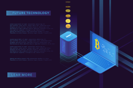 Cryptocurrency and blockchain illustration. Bitcoin mining farm. Artificial intelligence and machine learning. Concept for landing page for creating digital currency.のイラスト素材