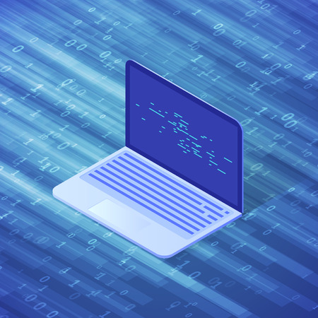 Isometric computer illustration. Software development and programming. Artificial intelligence and machine learning. Background stream of encoded data.のイラスト素材