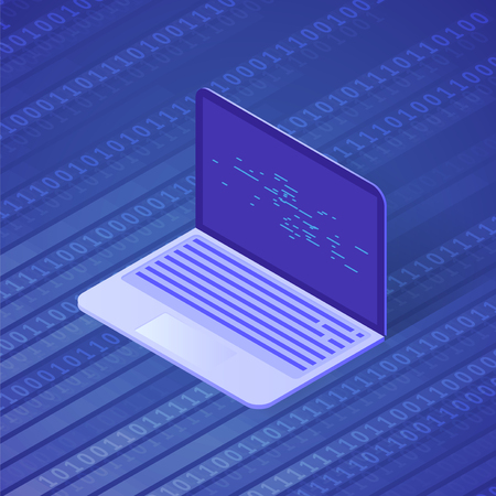 Isometric computer illustration. Software development and programming. Artificial intelligence and machine learning. Background stream of encoded data.のイラスト素材