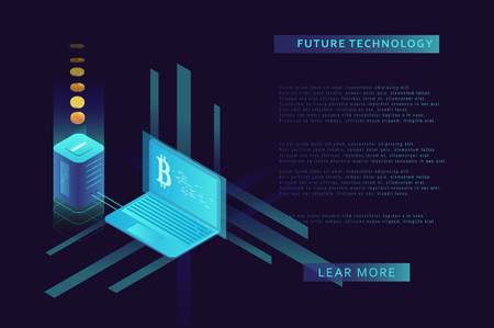 Cryptocurrency and blockchain illustration. Bitcoin mining farm. Artificial intelligence and machine learning. Concept for landing page for creating digital currency.のイラスト素材